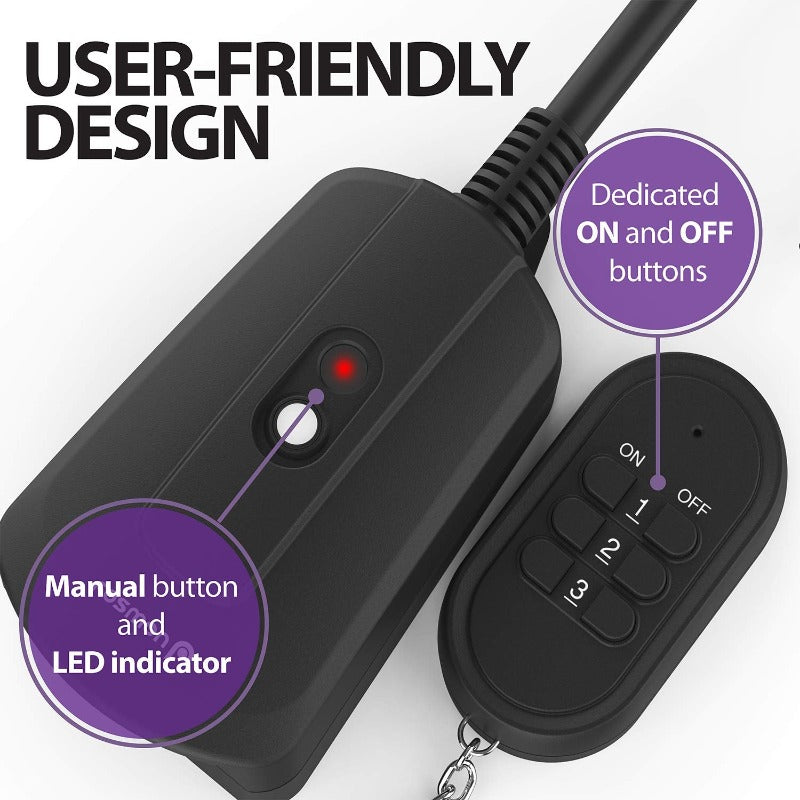 Wireless Remote Control 3-Prong Outlet - UL Listed (3 Receiver, 1 Remote) - Heavy Duty Waterproof Grounded Electrical Plug - 100ft Range