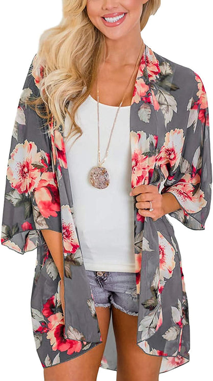  Women's Flowy Summer Chiffon Kimono Cardigans Tops Boho Floral Beach Cover Ups Casual Loose Shirts