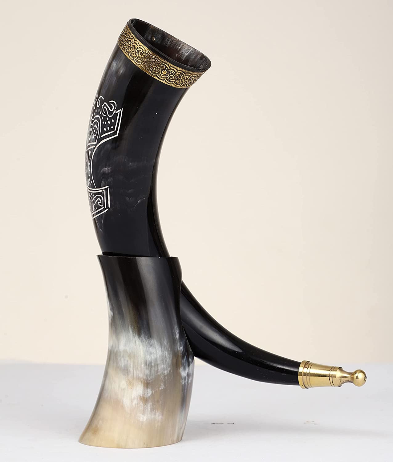 Viking Drinking Horn Mug | Handmade Drinking Horn with Mjolnir Engraved Tankard | Food Safe Medieval Game of Thrones Horn | For Hot & Cold Drink (1 Piece)
