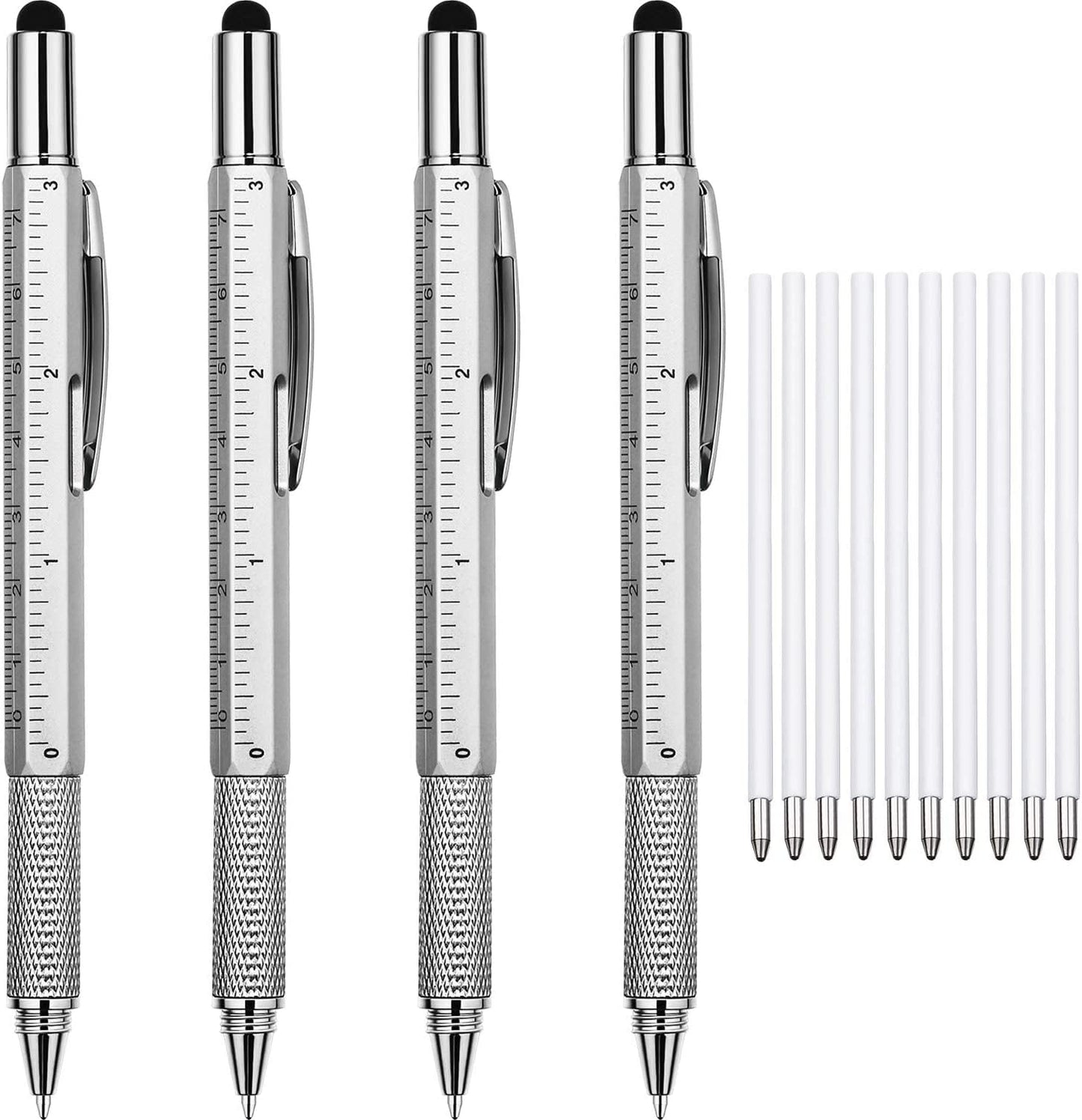 4 Pieces Gift Pen for Men 6 in 1 Multitool Tech Tool Pen Screwdriver Pen with Ruler, Levelgauge, Ballpoint Pen and Pen Refills, Unique Gifts for Men (Red, Green, Blue, Gray)