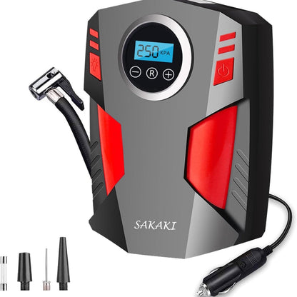 Portable Tire Inflator Air Compressor with LED Light and 3 Nozzle Adapters
