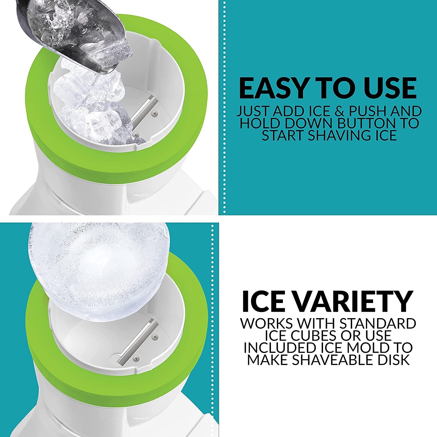  Electric Hawaiian Table-Top Snow Cone Maker, Shaved Ice Machine Includes 1 Reusable Plastic Cup and Ice Molds, White/Green