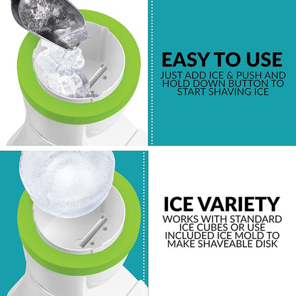  Electric Hawaiian Table-Top Snow Cone Maker, Shaved Ice Machine Includes 1 Reusable Plastic Cup and Ice Molds, White/Green
