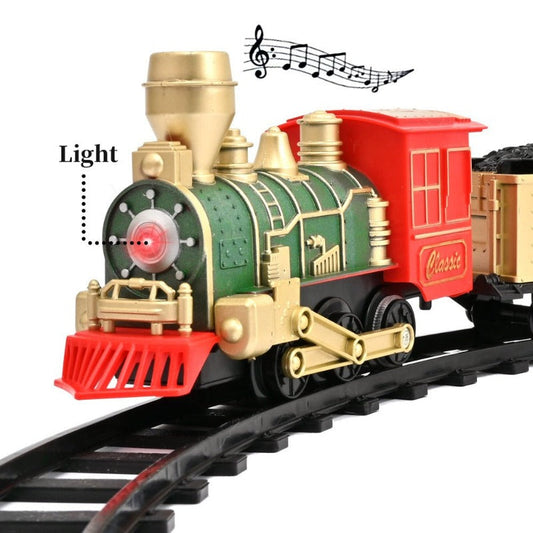  Electric Train Toy  W/ Lights & Sound, Railway, Locomotive Engine, Cargo Cars, 3 Cars &10 Tracks