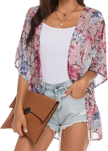  Women Floral Leaf Kimono Summer Cardigan Sheer Loose Half Sleeve Beach Shawl Chiffon Cover Up Casual Blouse Tops
