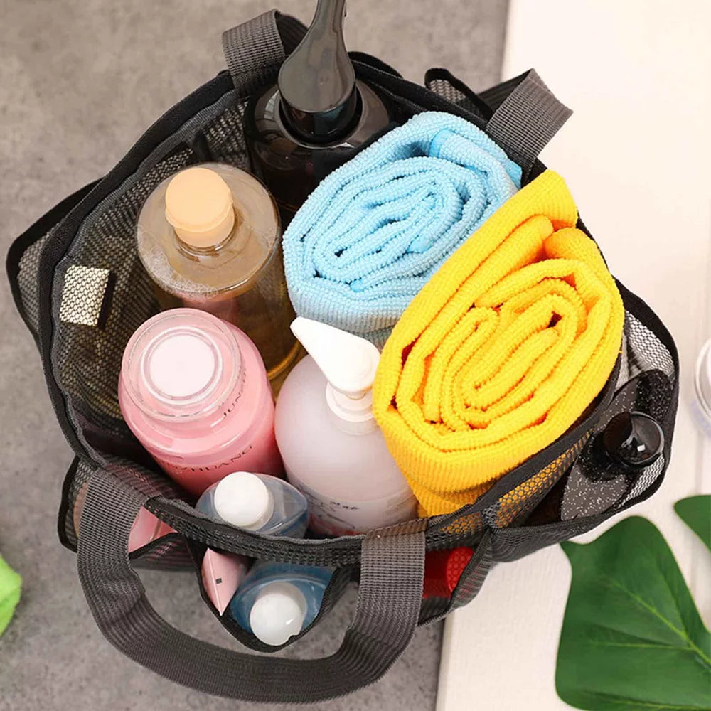 Natural Mesh Shower Caddy Portable Shower Tote Bag for College Dorm Essentials, Bathroom, Gym, Camp, Travel, Hanging Shower Caddy Basket, Quick Dry Toiletry Bag (8-Pockets | Black)