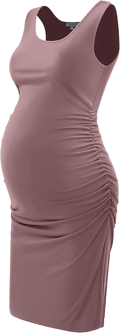  Maternity Tank Dress Bodycon Sleeveless Casual Short Ruched Midi Fitted Dress for Pregnant Women
