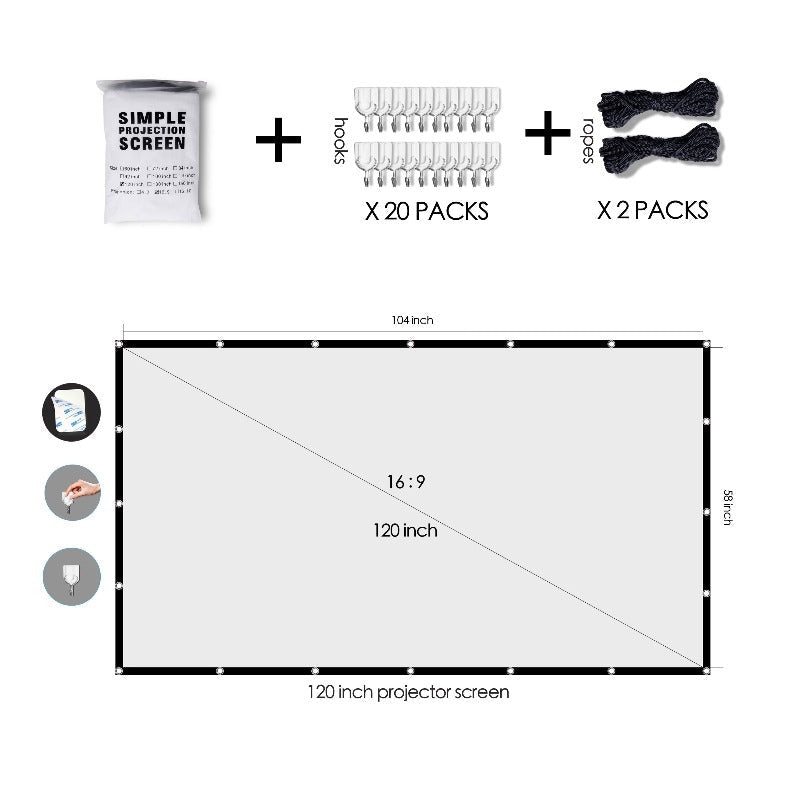 Foldable 120 Inch 4K Movie Projecting Screen 16:9 HD Portable Anti-Crease Indoor Outdoor