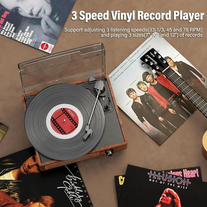 Vinyl Record Player Vintage Turntable for Vinyl Records with Speakers Belt-Driven Turntables Supports 3-Speeds, Bluetooth Wireless Playback