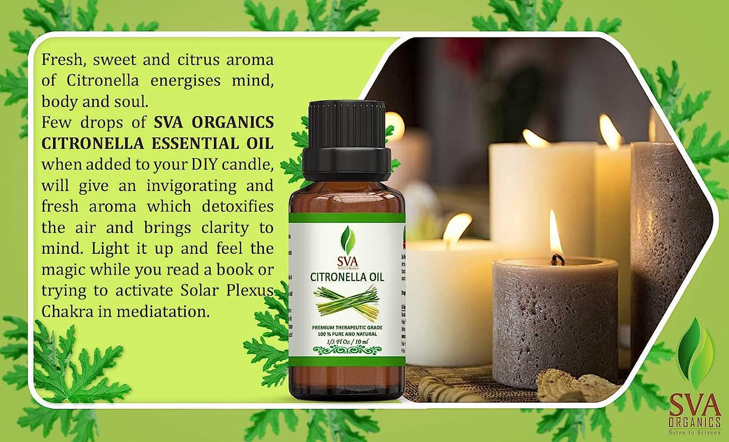 SVA Citronella Essential Oil - 1/3 Oz (10 ML) 100% Pure & Natural Therapeutic Grade Oil for Skin, Body, Diffuser, Candle Making