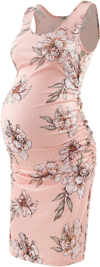  Maternity Tank Dress Bodycon Sleeveless Casual Short Ruched Midi Fitted Dress for Pregnant Women