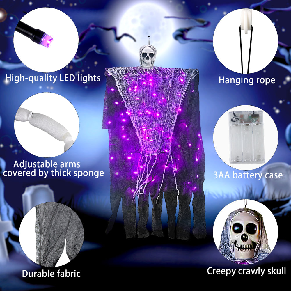 Hanging Halloween Ghosts Decorations, Grim Reaper with Halloween Purple String Lights for Halloween Indoor Outdoor Porch Party Decor