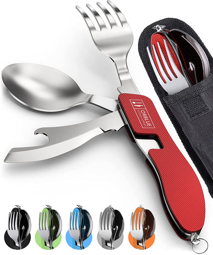 Orblue 4-in-1 Camping Utensils, 2-Pack - Portable Stainless Steel Spoon, Fork, Knife & Bottle Opener Combo Set - Travel, Backpacking Cutlery Multitool, Blue