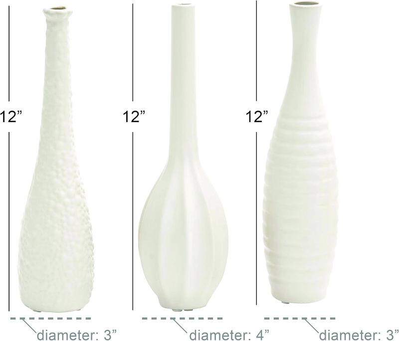 Set of 3 Ceramic Slim Textured Bottleneck Vase with Varying Patterns