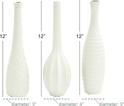 Set of 3 Ceramic Slim Textured Bottleneck Vase with Varying Patterns