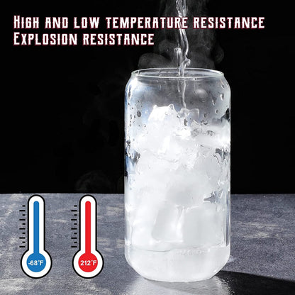 Drinking Glasses with Glass Straw 4pcs Set - 16oz Can Shaped Glass Cups, Beer Glasses, Iced Coffee Glasses, Cute Tumbler Cup, Ideal for Whiskey, Soda, Tea, Water, Gift - 2 Cleaning Brushes