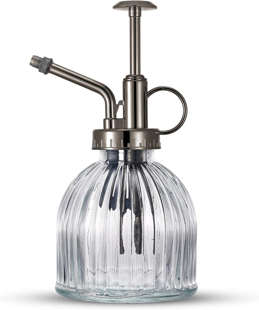 Glass Plant Mister Spray Bottle, 6.5" Tall Vintage Glass Watering Spray Bottle with Top Pump, Small Watering Can Indoor for Succulents - Clear