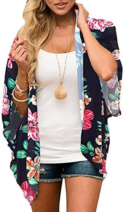  Women Floral Leaf Kimono Summer Cardigan Sheer Loose Half Sleeve Beach Shawl Chiffon Cover Up Casual Blouse Tops