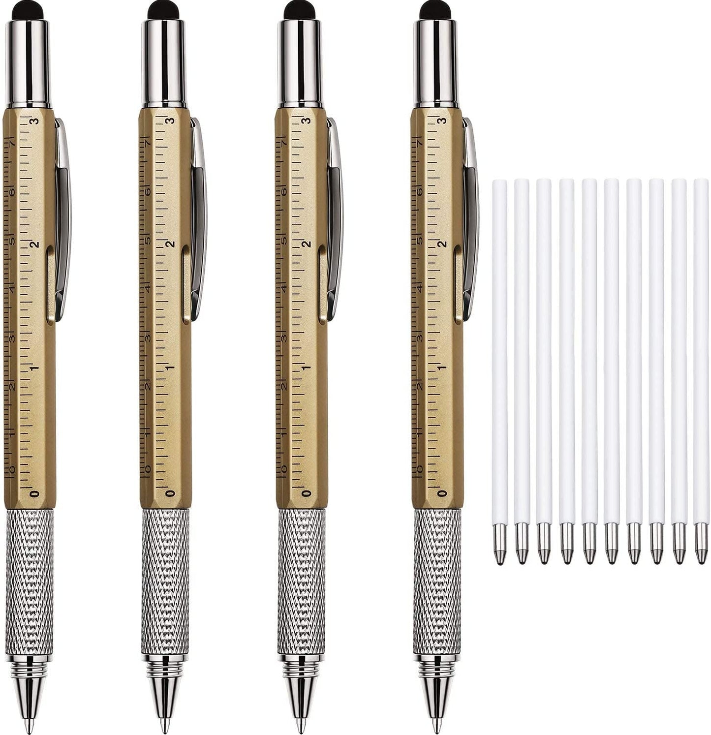 4 Pieces Gift Pen for Men 6 in 1 Multitool Tech Tool Pen Screwdriver Pen with Ruler, Levelgauge, Ballpoint Pen and Pen Refills, Unique Gifts for Men (Red, Green, Blue, Gray)