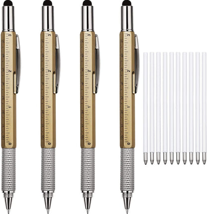 4 Pieces Gift Pen for Men 6 in 1 Multitool Tech Tool Pen Screwdriver Pen with Ruler, Levelgauge, Ballpoint Pen and Pen Refills, Unique Gifts for Men (Red, Green, Blue, Gray)