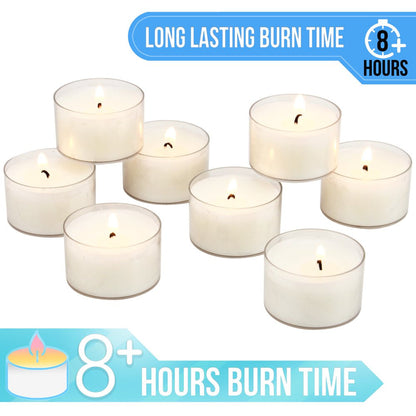 96 Pack Unscented Long Burning Clear Cup Tealight Candles with 8 Hour Burn Time