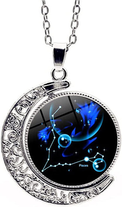 Zodiac Necklace Jewelry Birthday Gifts Astrology 12 Constellation Horoscope Sign Galaxy Crescent Half Moon Pendant Necklace