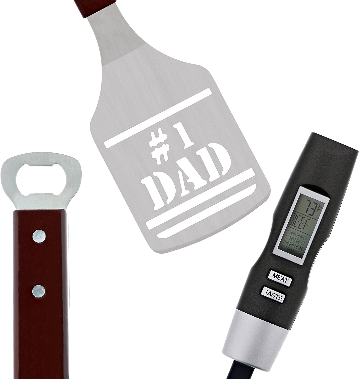  BBQ Grill Tools Set Gift for Dad, 4 Piece Set, Number 1 Dad Tongs, Spatula, Digital Thermometer and Case