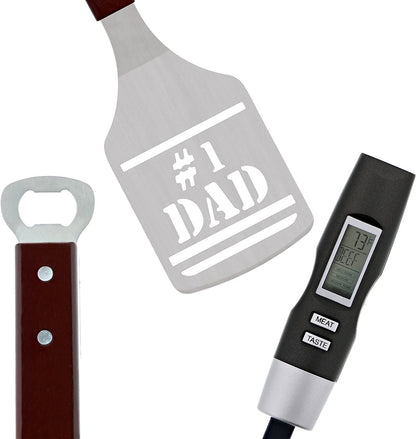  BBQ Grill Tools Set Gift for Dad, 4 Piece Set, Number 1 Dad Tongs, Spatula, Digital Thermometer and Case