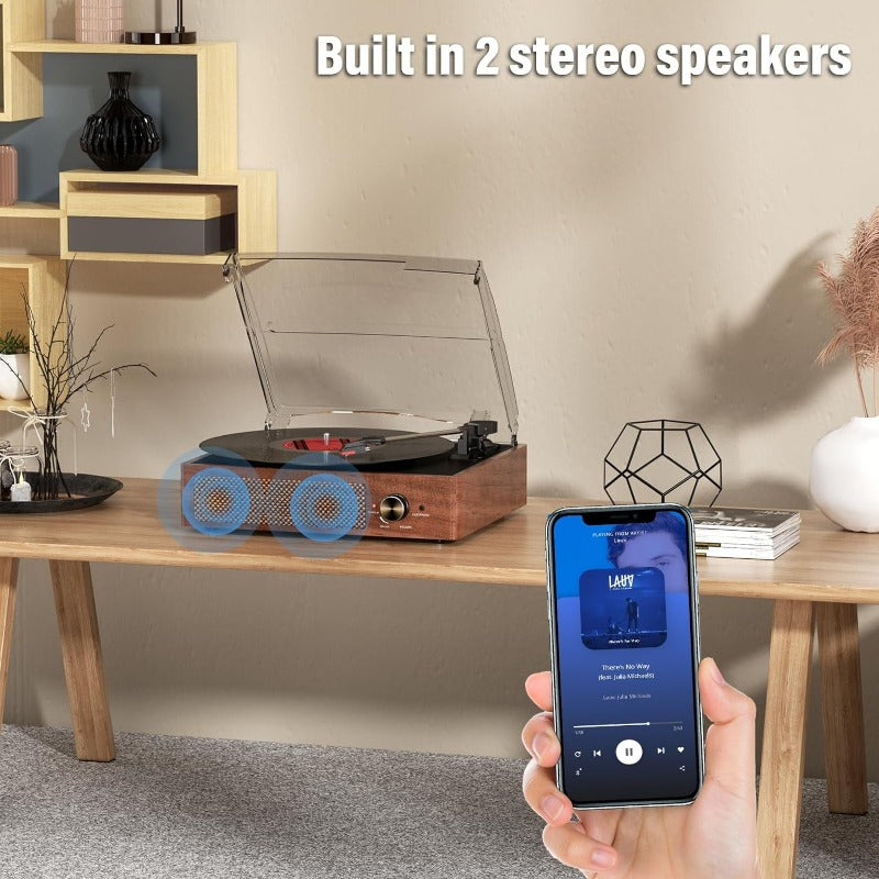 Vinyl Record Player Vintage Turntable for Vinyl Records with Speakers Belt-Driven Turntables Supports 3-Speeds, Bluetooth Wireless Playback