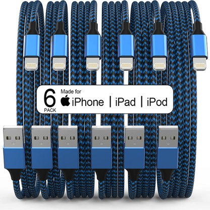 6 Pack Apple Mfi Certified iPhone & iPad Charger Long Lightning Cable Fast Charging High Speed Data Sync USB Cable