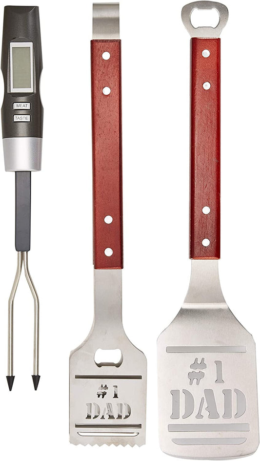  BBQ Grill Tools Set Gift for Dad, 4 Piece Set, Number 1 Dad Tongs, Spatula, Digital Thermometer and Case