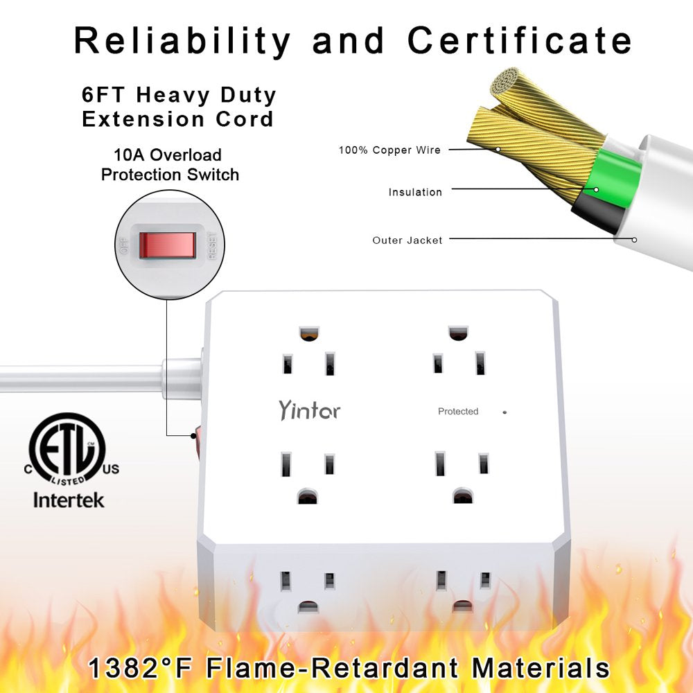 6 Ft Extension Cord Power Strip, 3 Side 8 Widely Surge Protector Outlets with 4 USB Ports,Flat Plug,Wall Mount,Etl,White