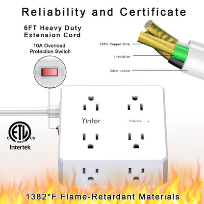 6 Ft Extension Cord Power Strip, 3 Side 8 Widely Surge Protector Outlets with 4 USB Ports,Flat Plug,Wall Mount,Etl,White