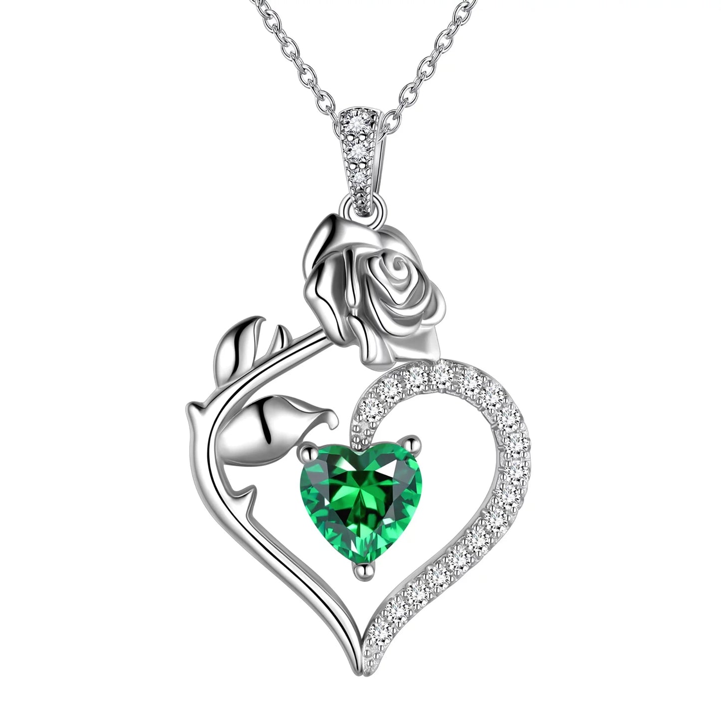 925 Sterling Silver Birthstone Necklace -  Rose Flower Heart Pendant with Chain