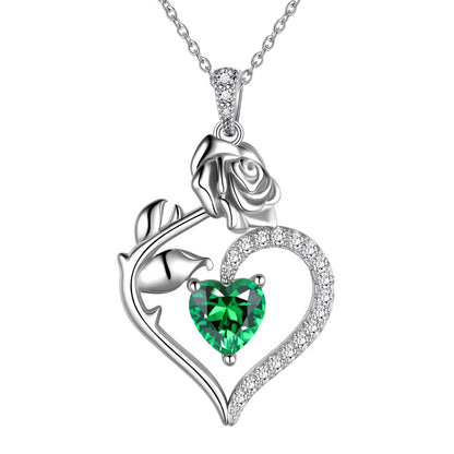 925 Sterling Silver Birthstone Necklace -  Rose Flower Heart Pendant with Chain
