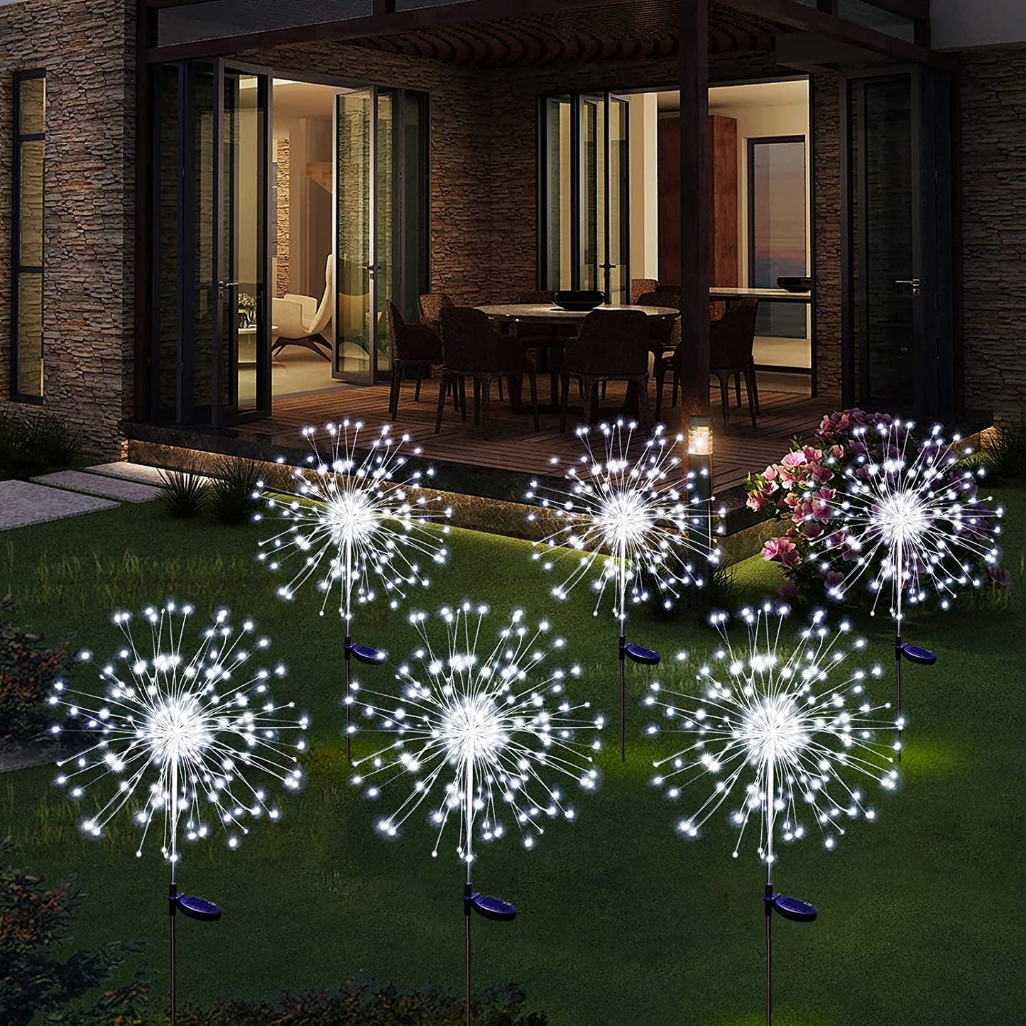 Solar Garden Firework Lights Outdoor Waterproof 2 Pack Solar Powered Art Stake Twinkle Lighting for Outside Decor, 120 LED Sparklers String Lights for Yard Pathway Patio Party Decorations (Warm)