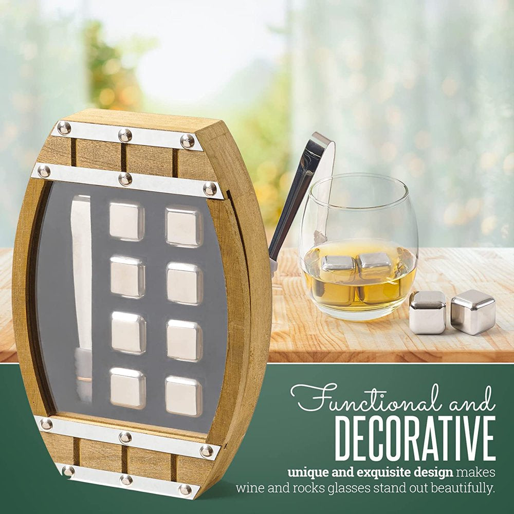 Whiskey Stone Set, Stainless Steel Cubes, Wooden Barrel Box, Reusable Stones, Scotch, Wine