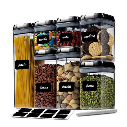 7 Pieces Airtight Food Storage Container Set Kitchen Organization Cereal Containers Storage with 8 Labels & Chalk Marker BPA Free Clear Plastic Kitchen and Pantry Organization Containers