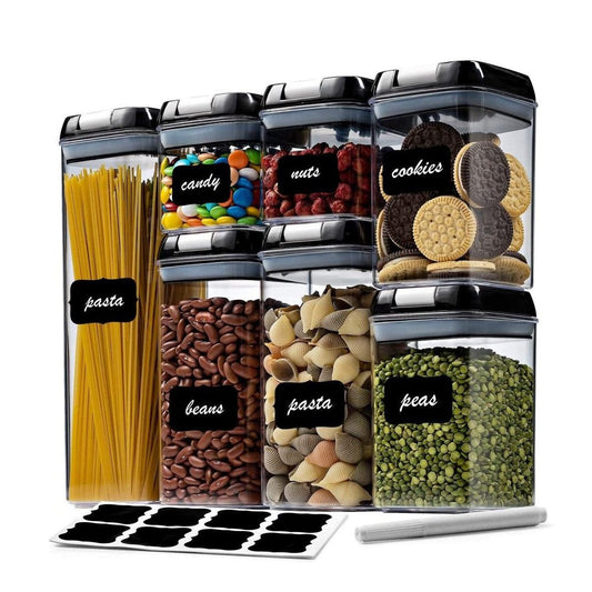 7 Pieces Airtight Food Storage Container Set Kitchen Organization Cereal Containers Storage with 8 Labels & Chalk Marker BPA Free Clear Plastic Kitchen and Pantry Organization Containers