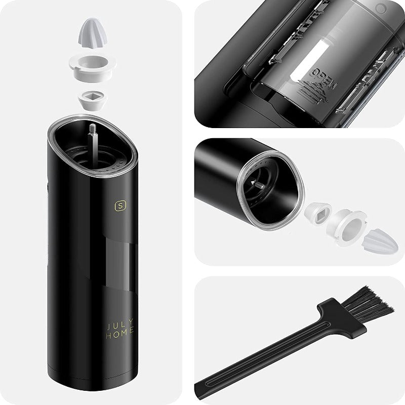 2 Piece Gravity Electric Salt and Pepper Grinder Set - Battery Operated, Adjustable Coarseness, One Hand Operation with LED Light and Cleaning Brush