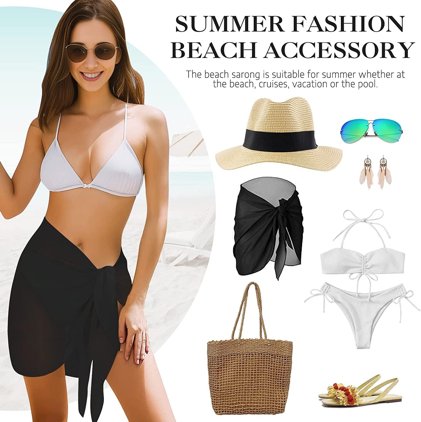 2pcs Beach Cover Up for Women, Chiffon Sarong Swimsuit Coverup for Pool, Summer Resort Wear Black White, S-M Fits Most