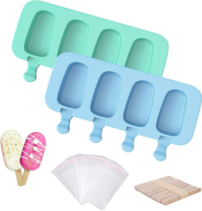 Popsicle Molds Set of 2, Ice Pop Molds Silicone 4 Cavities Ice Cream Mold Oval Cake Pop Mold with 50 Wooden Sticks for DIY Popsicle, Clear
