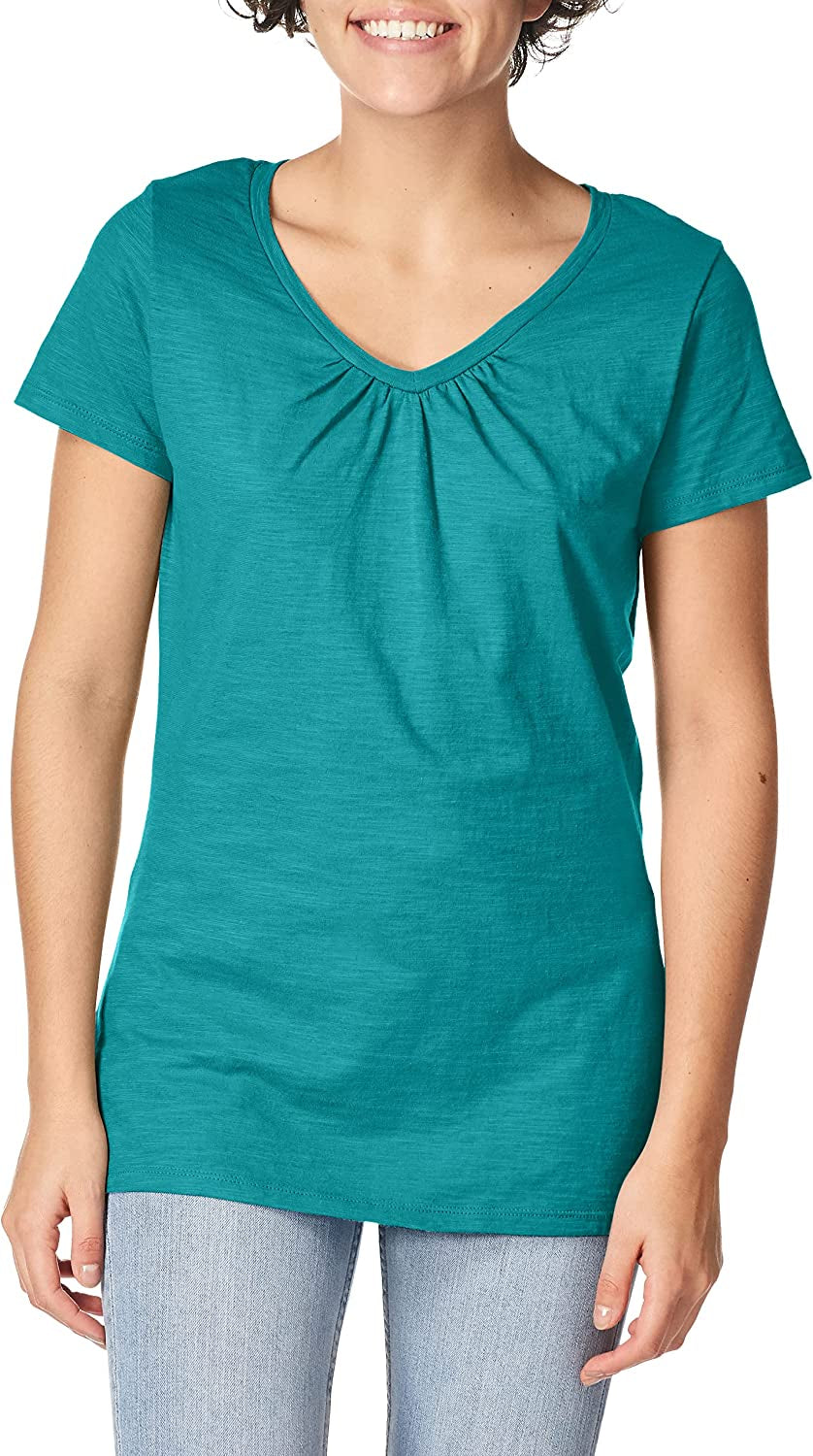 Hanes Women's Shirts, Slub Cotton Shirred V-Neck Tee, Cotton T-Shirts for Women, Women’s Tee Shirts
