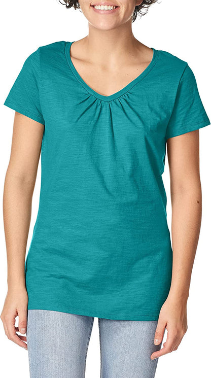 Hanes Women's Shirts, Slub Cotton Shirred V-Neck Tee, Cotton T-Shirts for Women, Women’s Tee Shirts