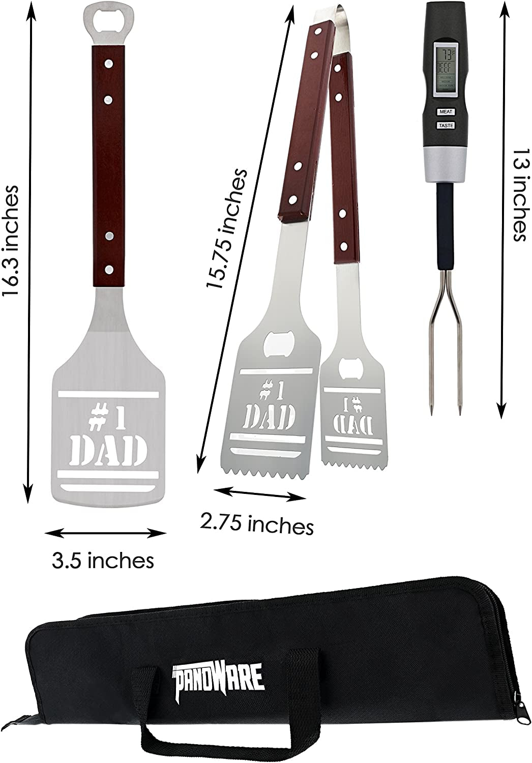  BBQ Grill Tools Set Gift for Dad, 4 Piece Set, Number 1 Dad Tongs, Spatula, Digital Thermometer and Case