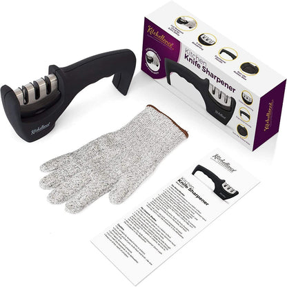 4-in-1 Kitchen Knife Sharpener with 3 Stages and Cut-Resistant Glove