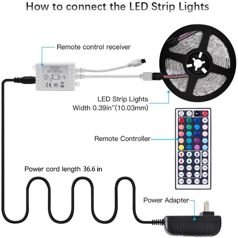 16.4Ft  LED Light Strip, 5M RGB Color Changing 3528 300 LEDs with 44 Keys IR Remote