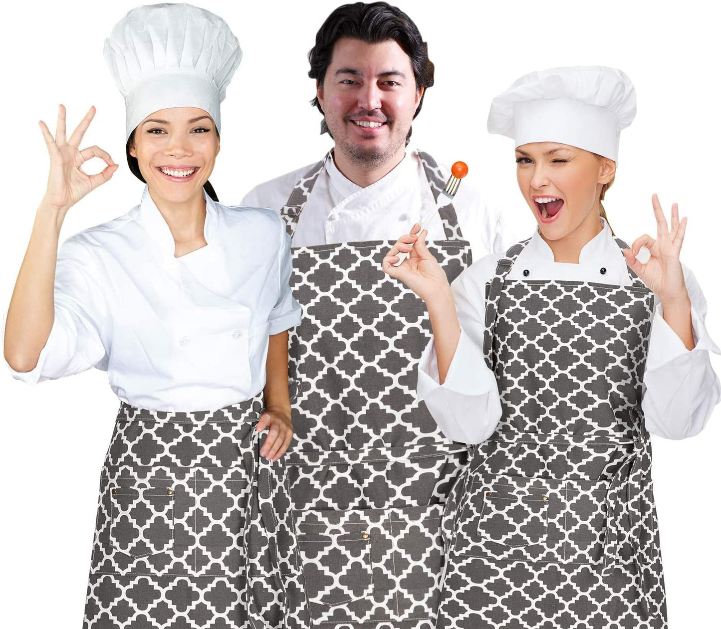  Kitchen Cooking Aprons with 3 Pockets for Men Women - Cotton Adjustable Professional Grade Chef Apron for Kitchen, BBQ & Grill (Dark Gray)