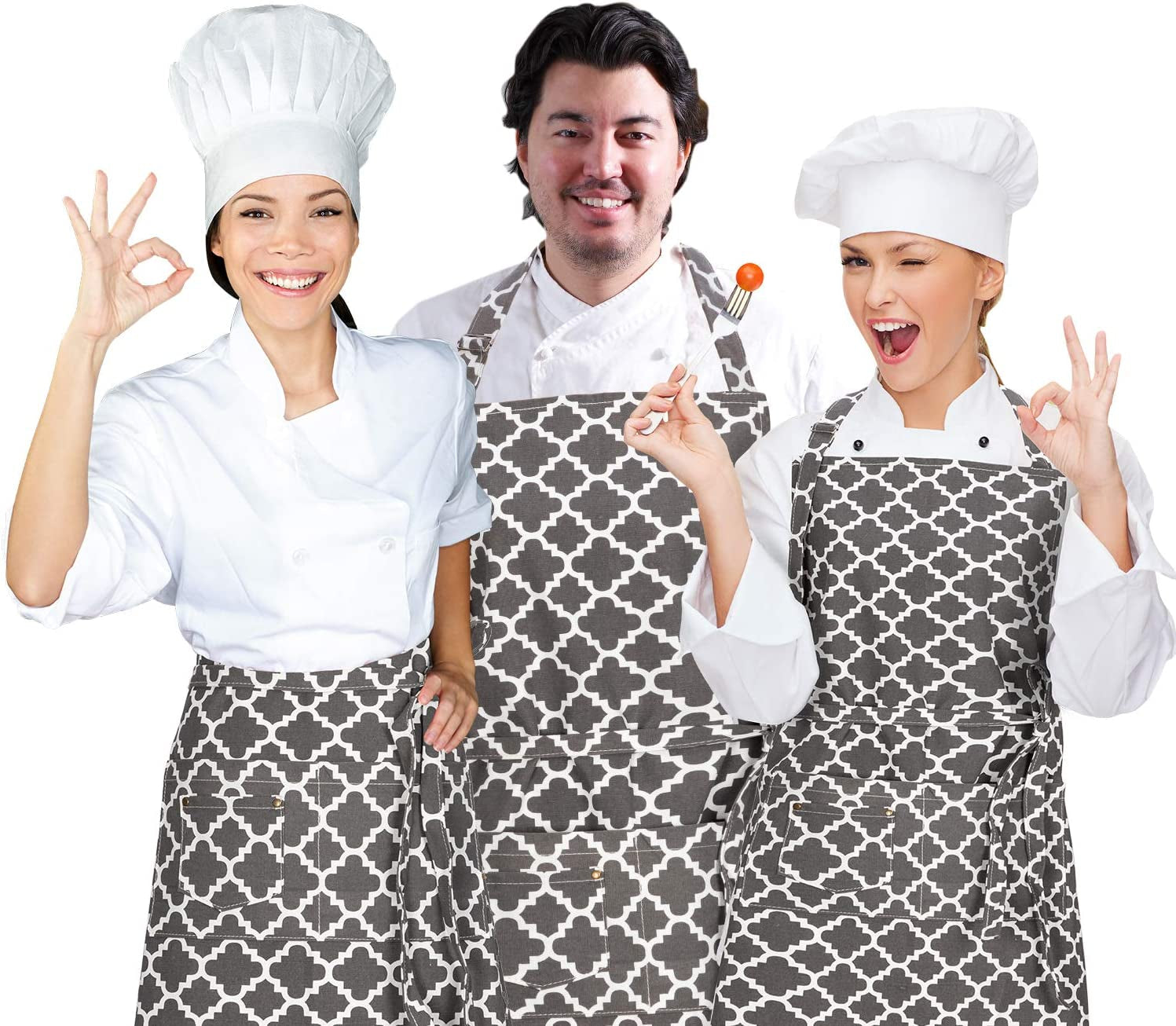  Kitchen Cooking Aprons with 3 Pockets for Men Women - Cotton Adjustable Professional Grade Chef Apron for Kitchen, BBQ & Grill (Dark Gray)