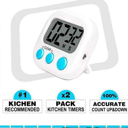 2 Pack Digital Kitchen Timer Big Digits, Loud Alarm, Magnetic Backing, Stand, for Cooking Baking(White)